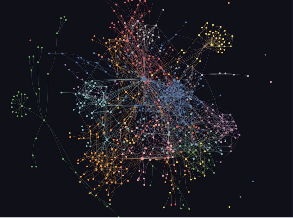 Il grafo di un Graphify: centinaia di nodi colorati e migliaia di collegamenti, addensati in una massa unica, senza etichette e senza gerarchia.